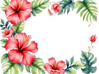Vibrant red hibiscus and lush green leaves framing a white background