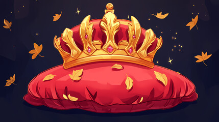 For ui level rank design, a red pillow and gold crown are featured. a cartoon version of a set of royal golden jewel coronas is shown. Leafveil. Illustration