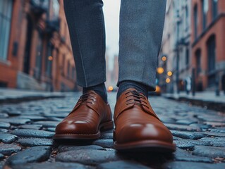 Men wearing slim fit grey trousers and high end brown leather Derby shoes walk along cobblestone street leading luxury corporate office highlighting class and style.