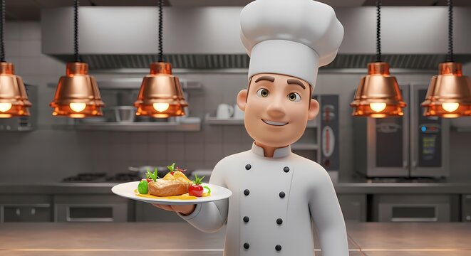 Cartoon Chef Presenting Delicious Grilled Fish Dish in Restaurant Kitchen