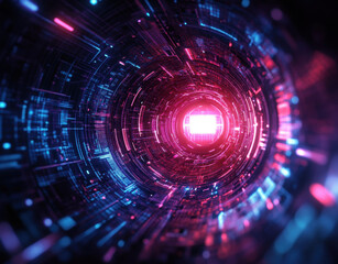 Obraz premium Digital tunnel with vibrant pink and blue lights, representing cybersecurity and technology. futuristic design showcasing data flow and connectivity