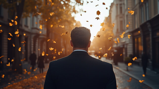 Autumn Ambitions: A businessman walks away from the camera down an autumnal city street, leaves falling around him in the golden light of sunset.  He is silhouetted against the warm glow.