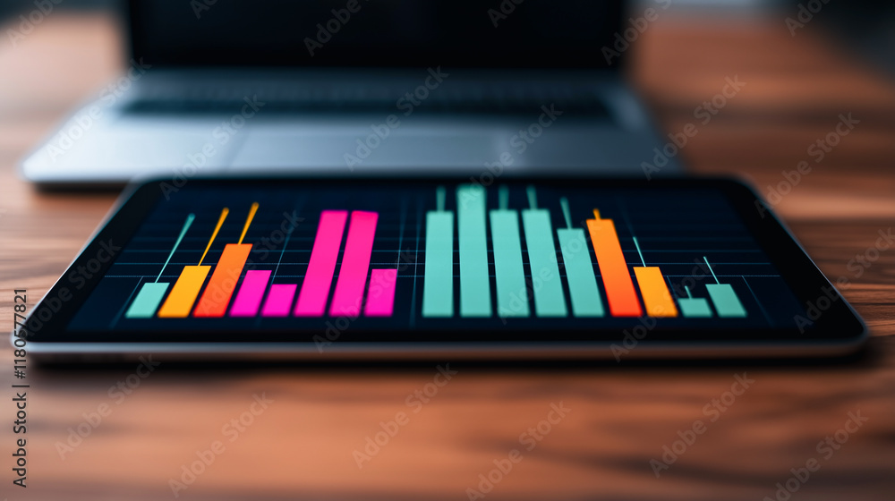 Poster tablet analytics: colorful bar graph displayed on a tablet, laptop in the background, close-up view 