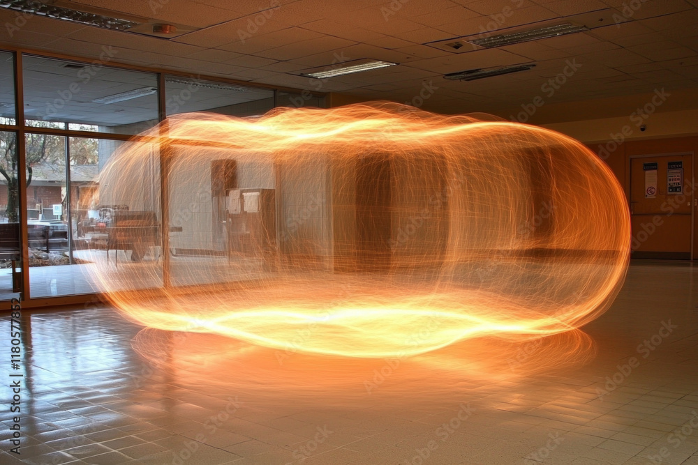 Poster In dim room orb of intense light hovers casting shifting patterns on walls. Nearby objects appear float and distort orb's glow creating enchanting atmosphere.