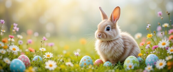 Adorable bunny in vibrant spring meadow surrounded by colorful easter eggs