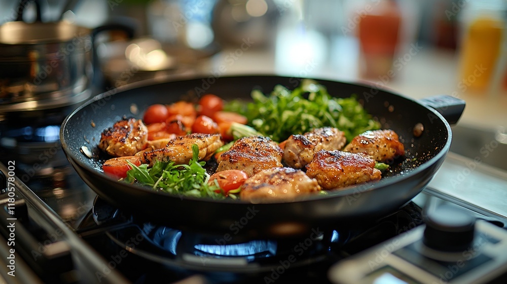 Poster portions of grilled chicken and fresh vegetables are being cooked in frying pan on bright counter. d