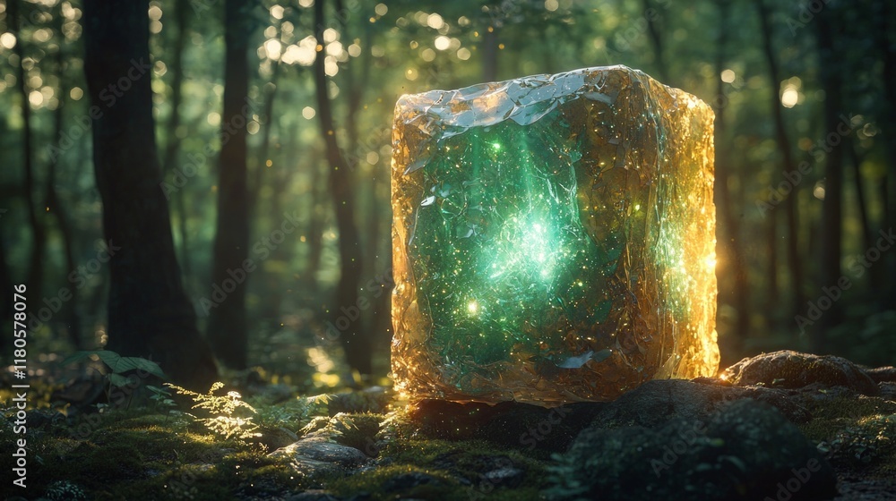 Poster glowing metallic cube hovers in middle of dense forest casting strange shadows as eerie green and blue light emerges from its core illuminating surrounding trees.