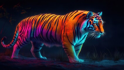 Fototapeta premium Neon Tiger in a Dark Forest