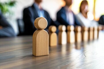 Wooden figurines arranged on a table in a business setting, symbolizing teamwork, leadership, and collaboration during a corporate meeting or discussion.
