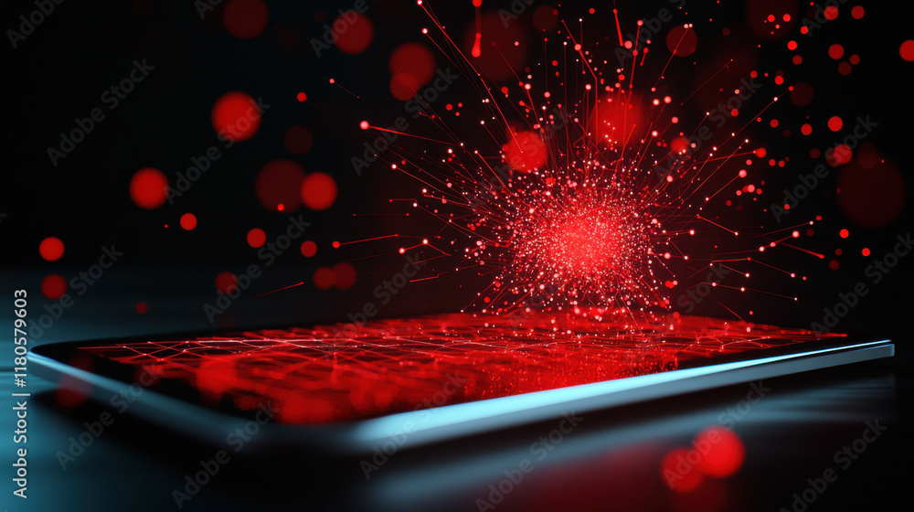 Poster travel restrictions policy concept, digital tablet displaying vibrant red explosion of data particle