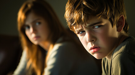 Unhappy Son Sitting Between Quarreling Parents Indoors.