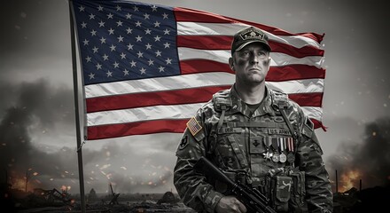 Obraz premium Courageous US Army Soldier Standing Proud with American Flag War Zone Background