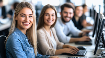Smiling Team at Work: A diverse group of young professionals working together in a modern office, showcasing collaboration and positive work environment.  