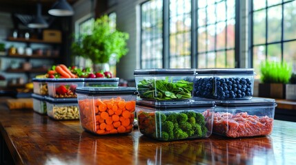row of meal prep containers filled vibrant healthy meals demonstrates week's worth of balanced nutrition.