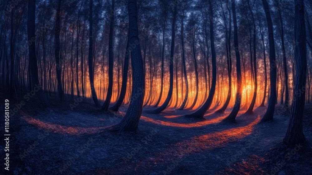 Poster sunset in a mystical forest with curved trees.