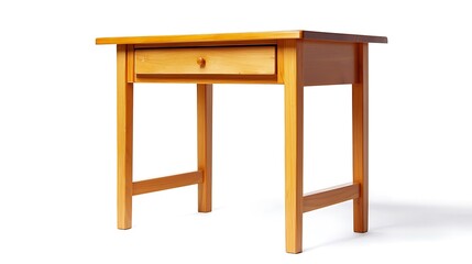 A wooden desk with a drawer sits on a white background