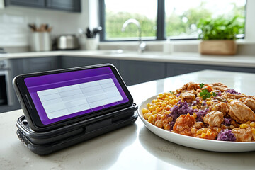 smartphone displays detailed daily macro breakdown next well portioned plate of food featuring protein carbs and fats in bright kitchen setting.