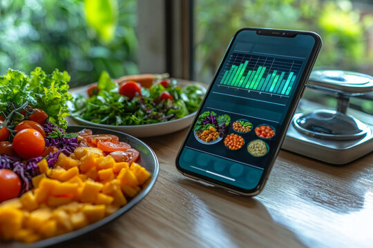 smartphone displays nutrition tracking app showing calorie and macro details next weighed food on plate and digital scale in vibrant kitchen setting.