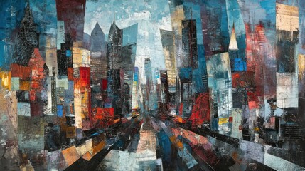 Abstract cityscape painting with vibrant colors and textured brushstrokes.