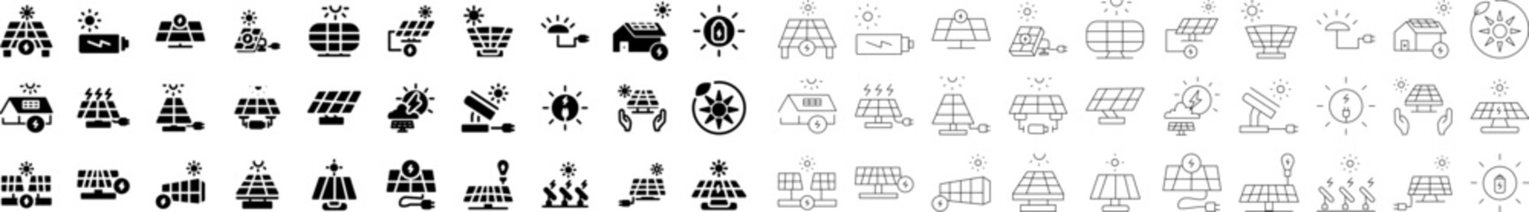 A collection solid and line of solar energy icons featuring panels, batteries, sun symbols, and eco-friendly designs. Ideal for illustrating renewable energy, sustainability, and clean power concepts.