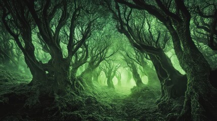 Eerie green forest path shrouded in mist.