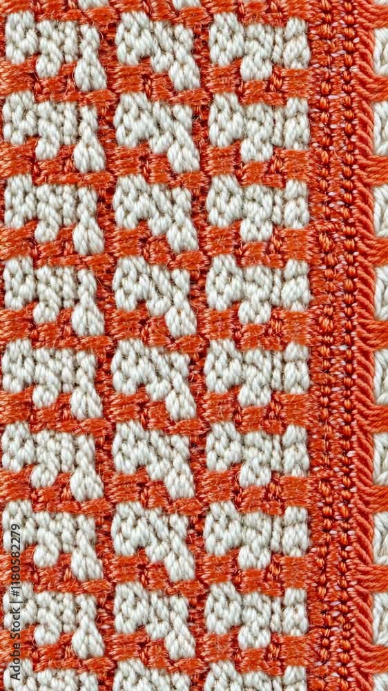 Poster detailed close-up of intricate textile pattern showcasing vibrant orange and cream colors with uniqu