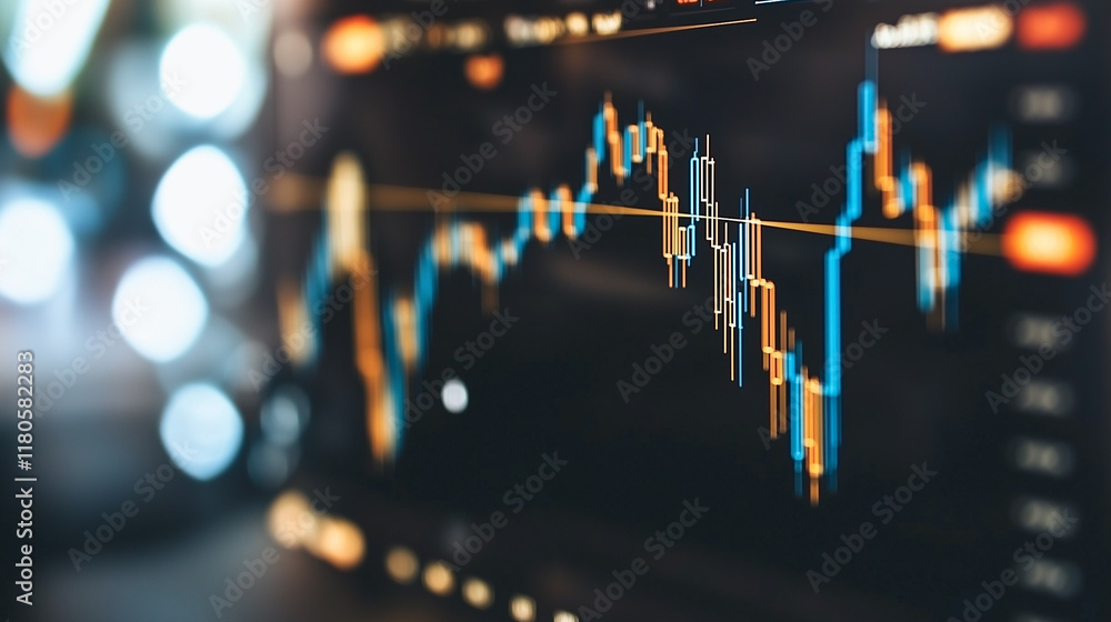 Poster market trend analysis: close-up view of a computer screen displaying dynamic stock market charts.
