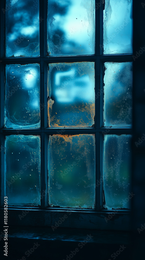 Poster windowpane reflections: a close-up view of a weathered windowpane with frosted glass, capturing the 