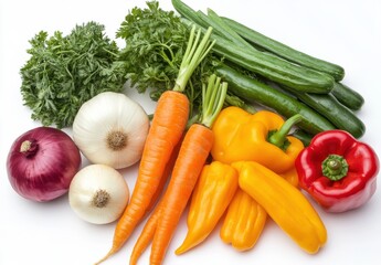 Fresh and Colorful Variety of Vegetables on a Vibrant White Background Featuring Carrots, Cucumbers, Bell Peppers, Onions, and Fresh Greens for Healthy Cooking and Nutrition