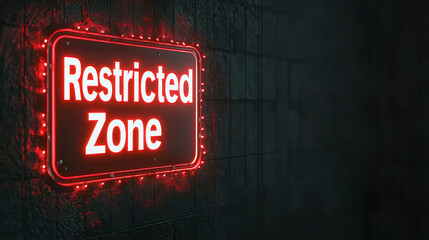 Travel restrictions policy concept, Glowing red restricted zone sign on dark wall, warning of danger