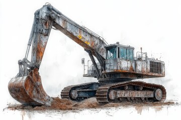 Rusty excavator digging, tracked, powerful machine.