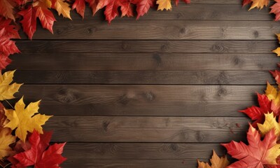 Obraz premium Vibrant red & gold maple leaves border, rustic wood background, image, brown