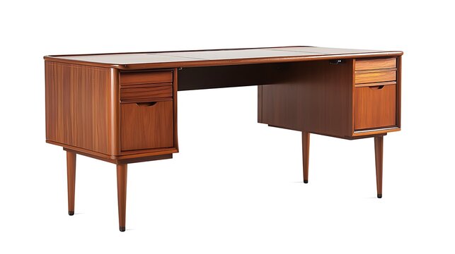 A wooden desk with two drawers and a white background