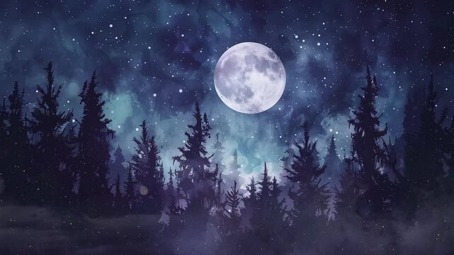 night landscape with supermoon dark forest and stars seamless looping overlay 4k virtual video animation background