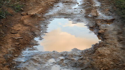 muddy path with puddle reflecting sky and clouds