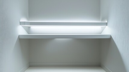 A white closet with a shelf and a light on it