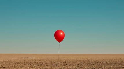 A red balloon is floating in the sky above a barren, dry landscape