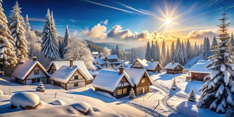 Charming Snowy Landscape with Cozy Houses Under a Bright Blue Sky - Winter Wonderland, Scenic Views, Snow-Covered Homes, Serene Nature, Beautiful Outdoors