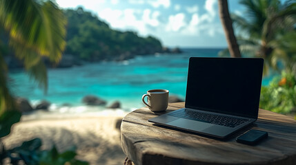 Tropical Workation: A laptop rests on a weathered wooden table, overlooking a breathtaking tropical beach. A steaming cup of coffee, a smartphone.