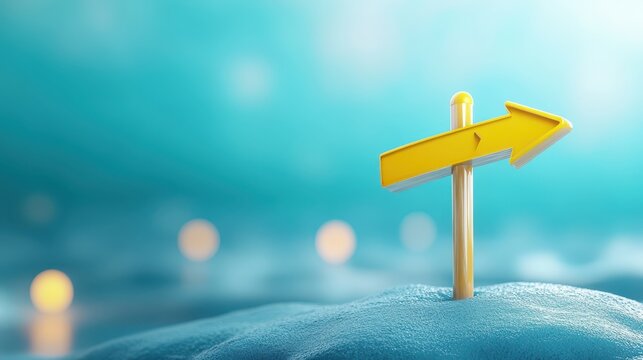 Bright yellow right arrow on white, a symbol of direction, forward movement and progress