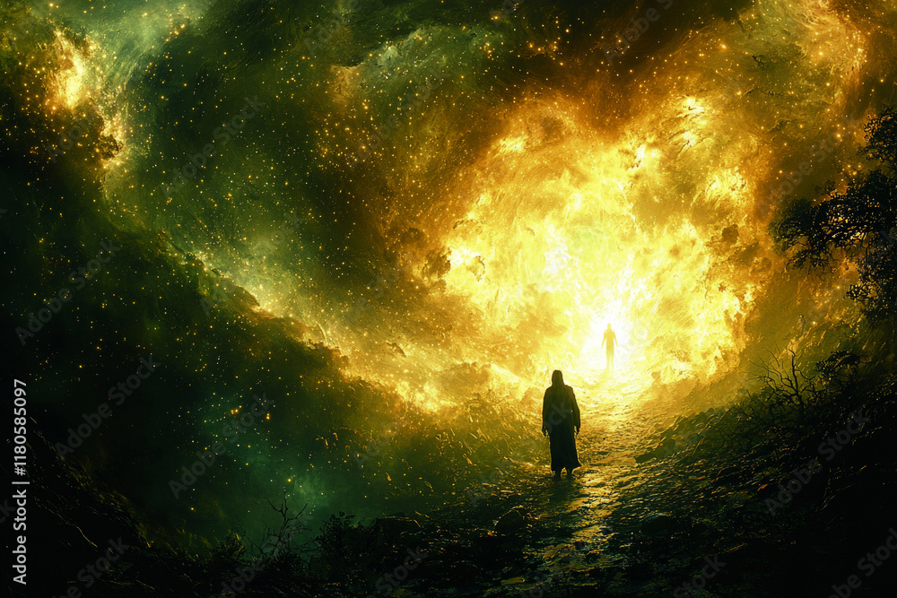 Poster divine entity standing on desolate earth molds human figure from glowing clay surrounded stars and mystical elements twilight blending creation and cosmos.