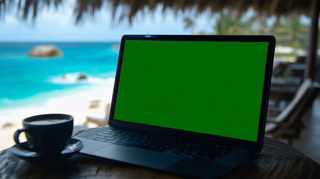 Tropical Workation: Laptop with green screen mockup on wooden table with coffee cup against blue beach background. Perfect for showcasing your brand or website in a relaxing and inspiring setting. 