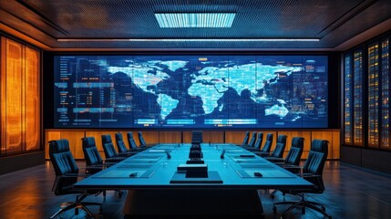 Modern futuristic boardroom with world map display.
