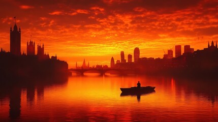 Naklejka premium A serene sunset over a city skyline, with a lone figure in a boat on the water.