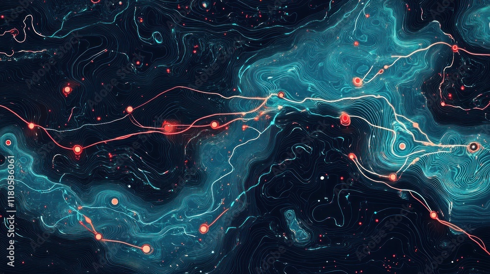 Poster abstract cosmic swirl with red glowing lines and nodes.
