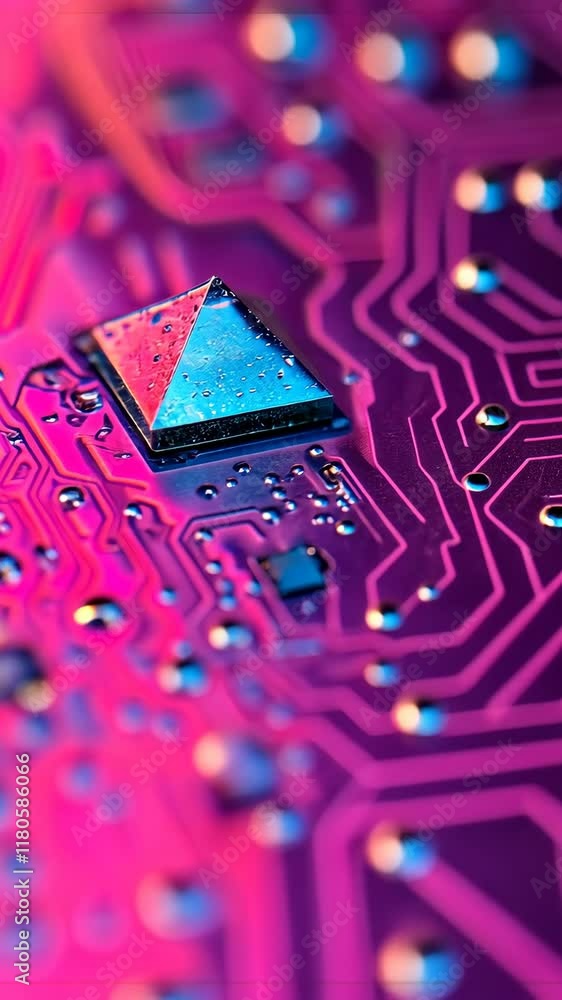 Poster colorful microchip with water droplets on a vibrant circuit board showcasing intricate patterns and 
