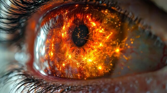 stunning surreal illustration portrays cosmic eye watching over Earth. Its iris glows map of divine connections embodying God's omniscient plan in vibrant colors.