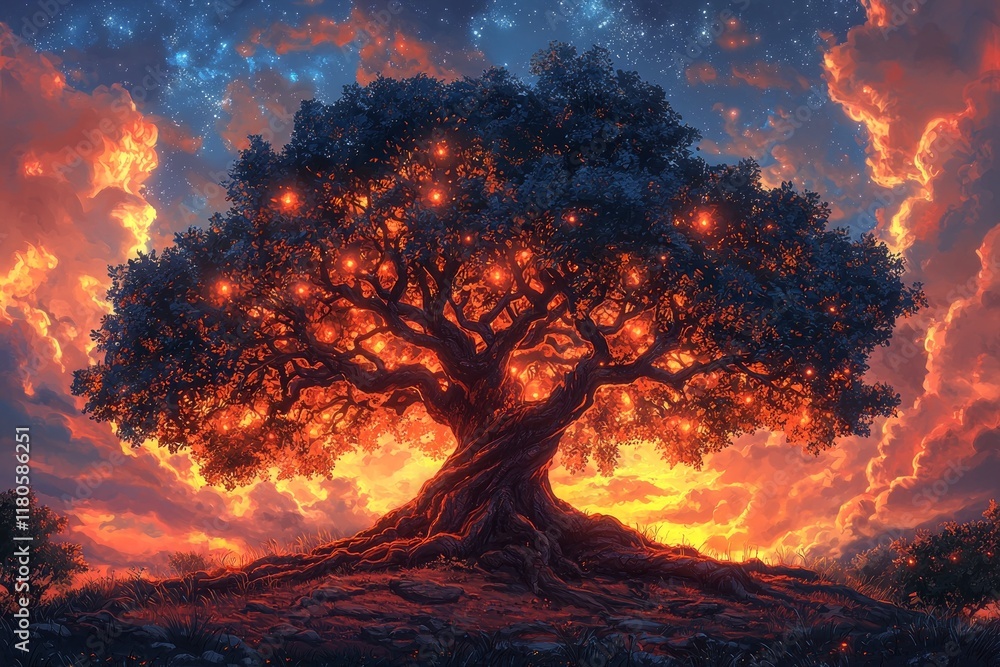 Poster giant tree stands majestically against serene celestial backdrop its roots intertwining spell out words of wisdom.