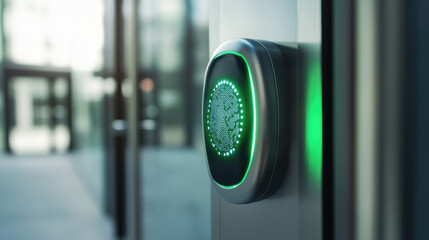 detailed close up of state of art biometric scanner, showcasing its sleek design and advanced technology. green light indicates successful recognition, enhancing security