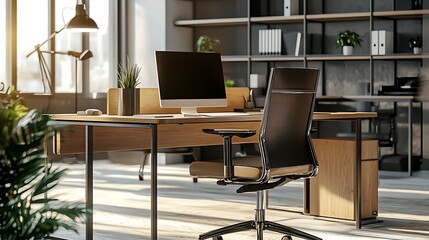 Fototapeta premium A modern office with a black chair and a computer monitor